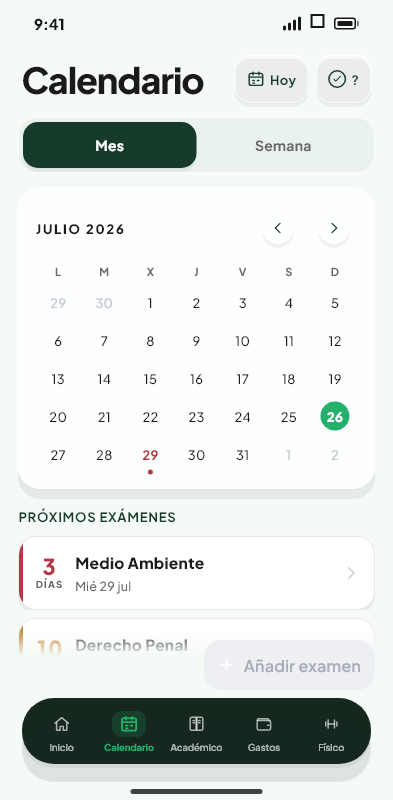 Pantalla de Calendario mensual del módulo Calendario de Valdeza