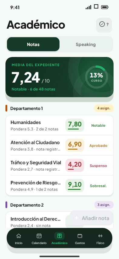 Pantalla de Lista de asignaturas del módulo Notas de Valdeza